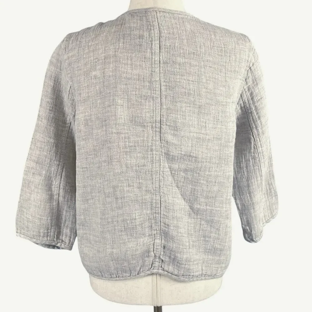 Eileen Fisher Open Front Gray 3/4 Sleeve Linen Cotton Jacket Size Petite Small